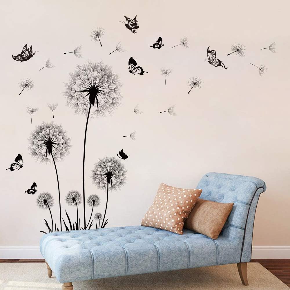 Black Dandelion Wall Decal – Flower & Butterfly Wall Sticker