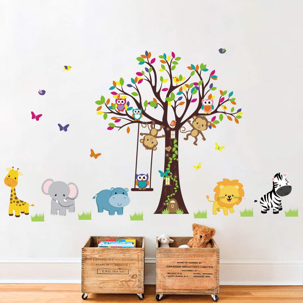 Jungle Animals Tree Wall Decal – Monkey, Giraffe & Elephant Wall Sticker