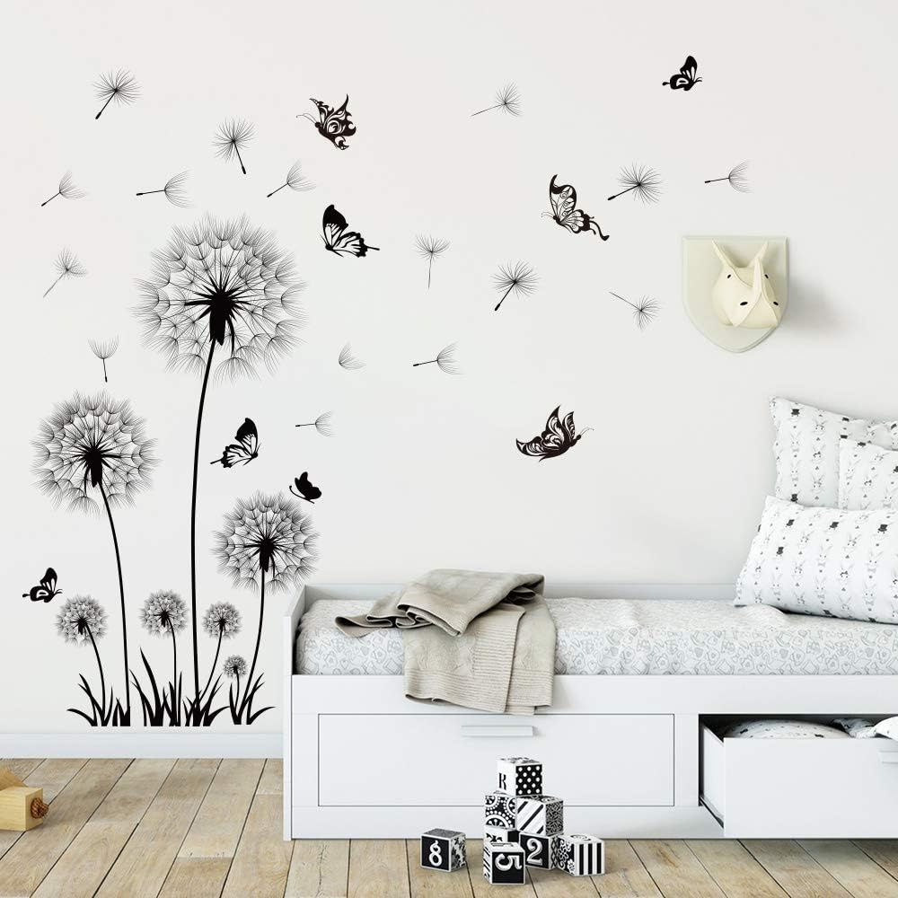 Black Dandelion Wall Decal – Flower & Butterfly Wall Sticker