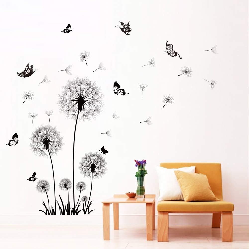 Black Dandelion Wall Decal – Flower & Butterfly Wall Sticker