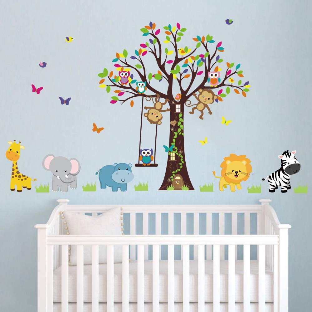 Jungle Animals Tree Wall Decal – Monkey, Giraffe & Elephant Wall Sticker