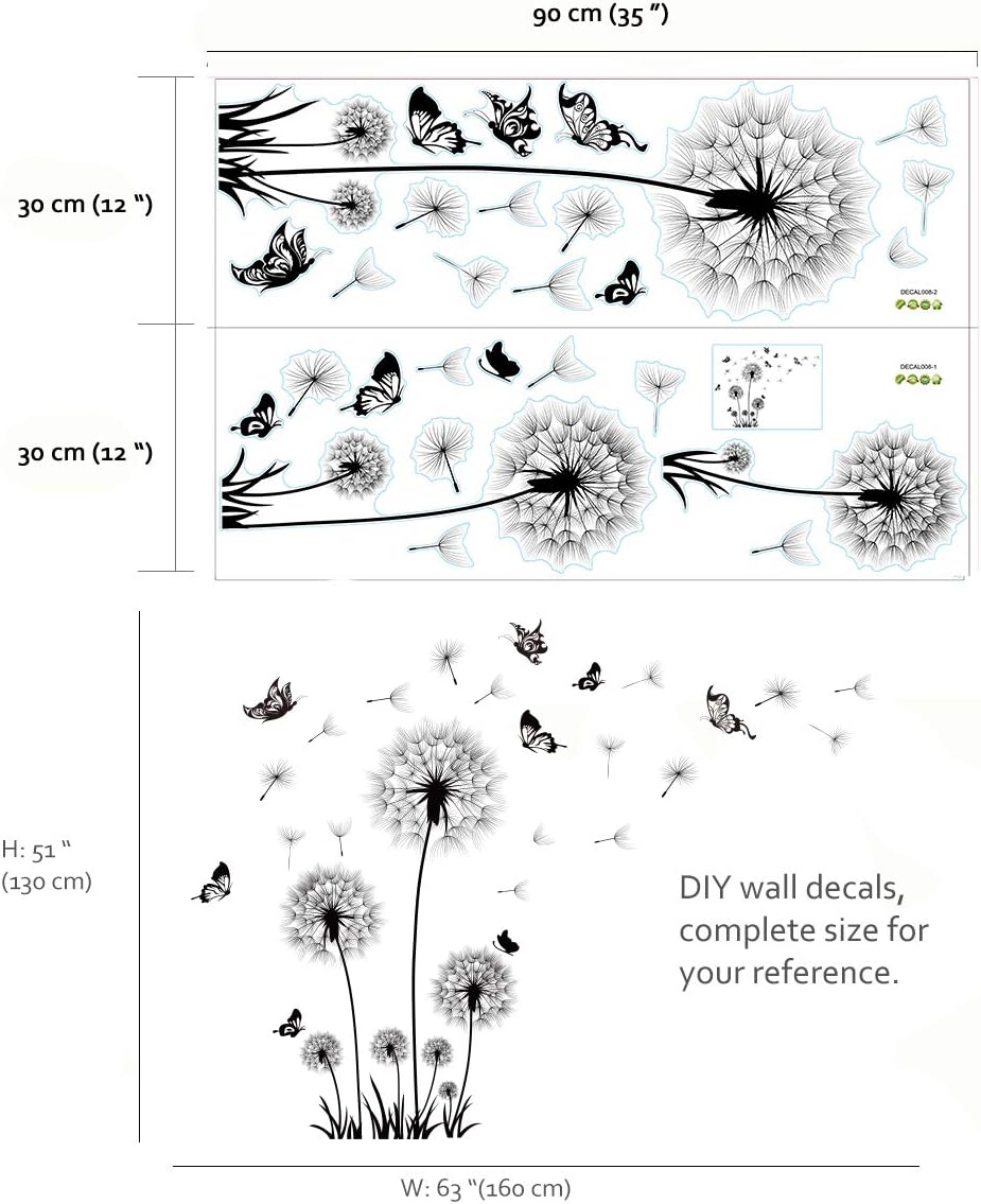 Black Dandelion Wall Decal – Flower & Butterfly Wall Sticker